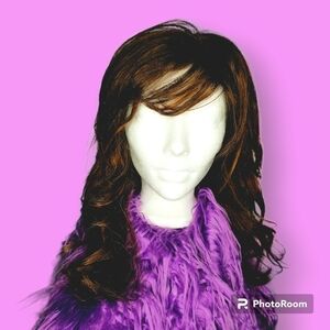 Zury Dark Brown & Golden Highights & Bangs  Wavy Synthetic Wig